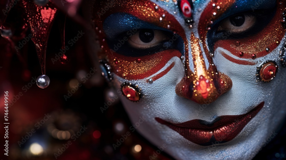 Clown prepares for magical trick under spotlight glow - obrazy, fototapety, plakaty 