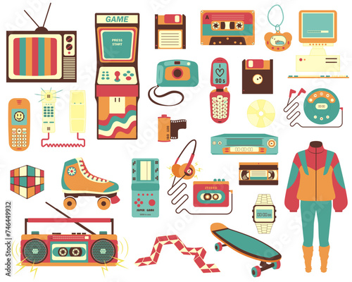 Vector illustration in 90s style. A large selection of items reflecting the spirit of the 90s, in retro colors. 