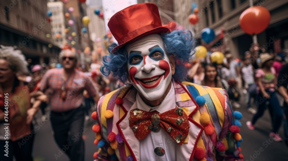 Clown parade marches through city street with confetti