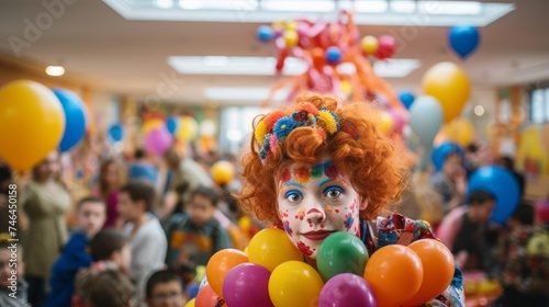 Determined clown twists colorful balloons at children's party