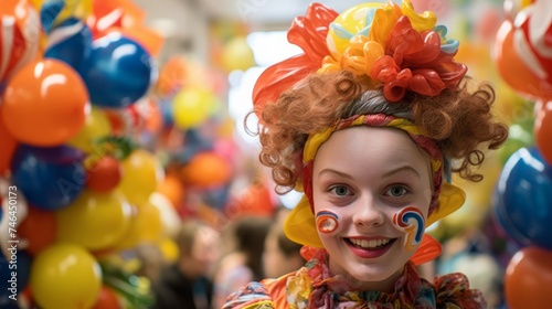 Determined clown twists colorful balloons for kids at party