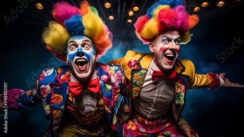 Clown duo perform slapstick routine with exaggerated expressions
