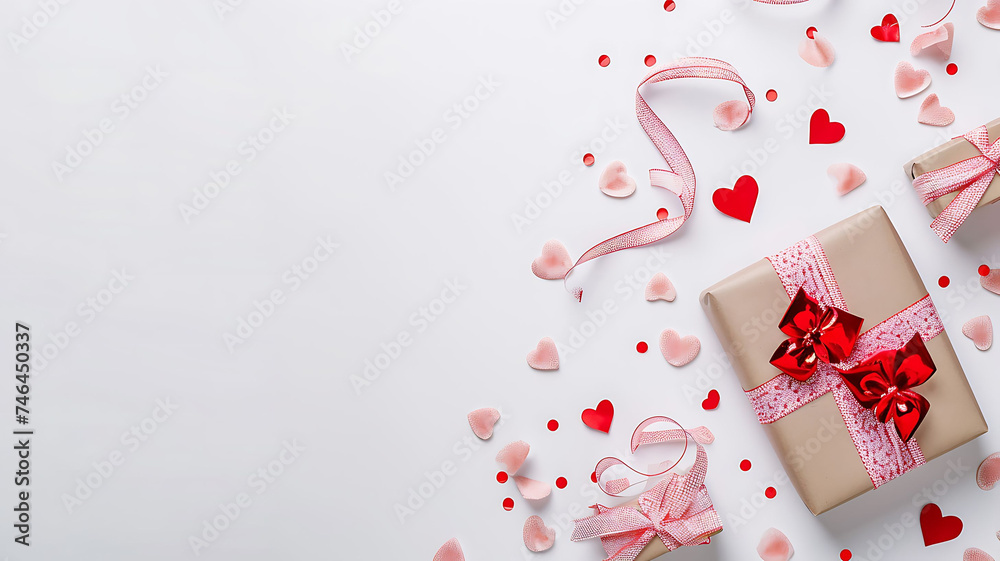 Flat lay white background with gift box and valentine's day decor details Flat lay white background with gift box and valentine's day decor details