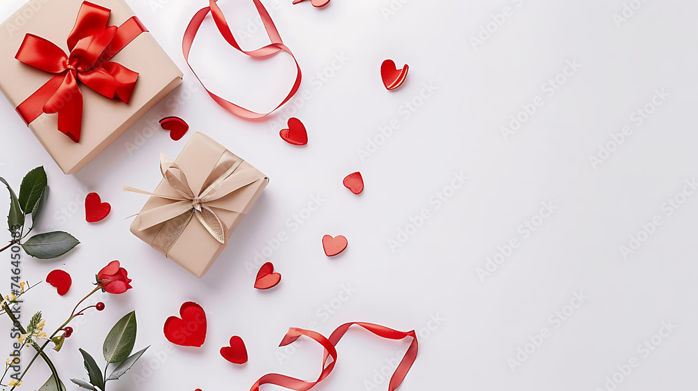 Flat lay white background with gift box and valentine's day decor details Flat lay white background with gift box and valentine's day decor details