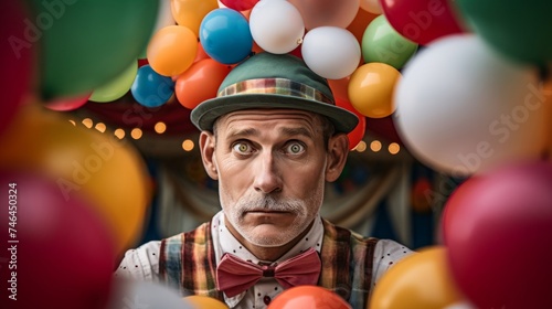 Close-up portrait of inquisitive clown framed by balloons and circus tent © javier
