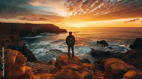 Photographer captures sunset landscape with camera on tripod on rocky cliff