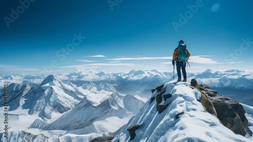 Portrait of adventure photographer on snow-covered peak with camera