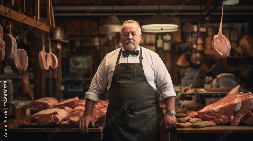 Portrait of meat cutter holding cleaver beside wooden butcher block