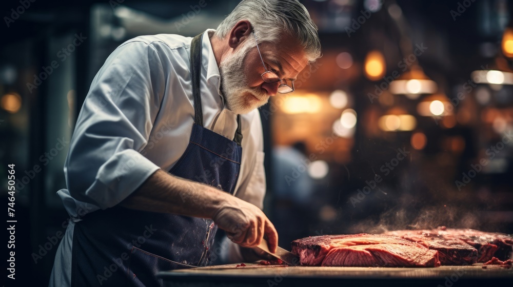 Butcher concentrates on trimming prime steak under golden-hued lighting Butcher concentrates on trimming prime steak under golden-hued lighting