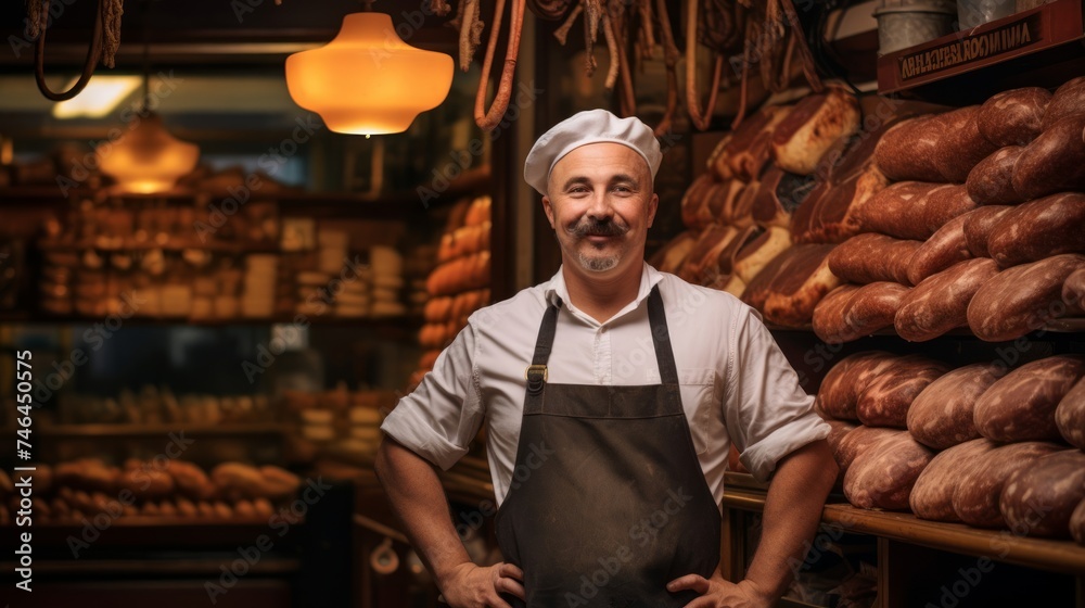 Friendly neighborhood butcher stands in front of vintage-style butcher shop