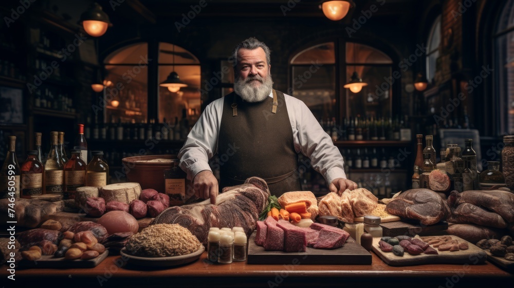 Artisanal butcher presents selection of meats and cheeses on charcuterie board