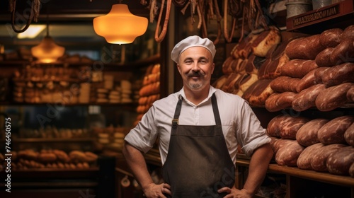 Friendly neighborhood butcher stands in front of vintage-style butcher shop photo