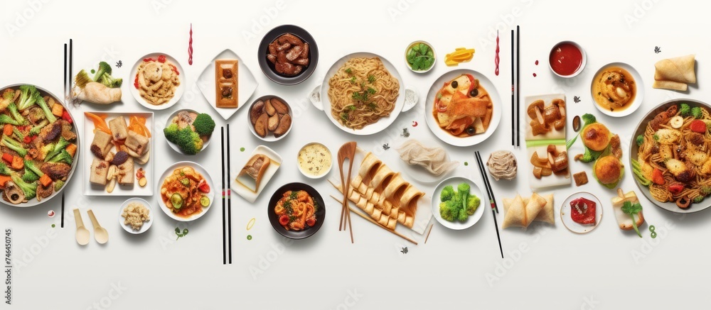 various foods are neatly arranged on the wooden table