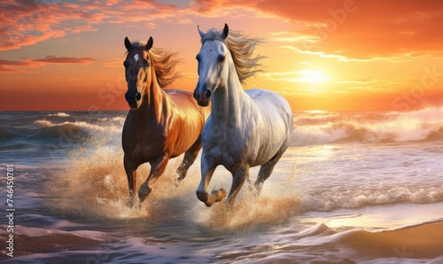 Horses running on the beach at amazing sunset.