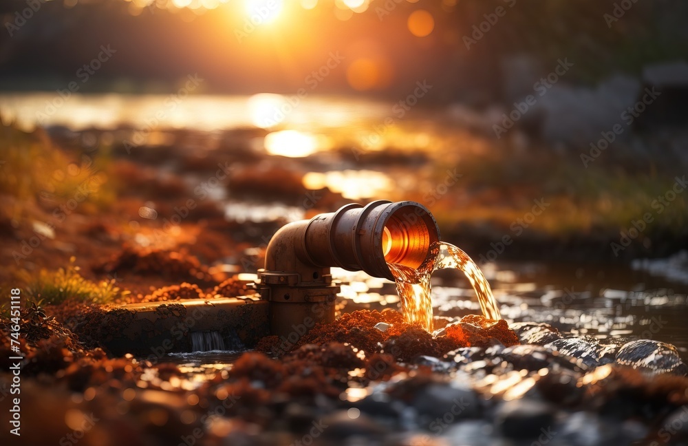 Old rusty pipe discharging wastewater into a stream at sunset - obrazy, fototapety, plakaty 