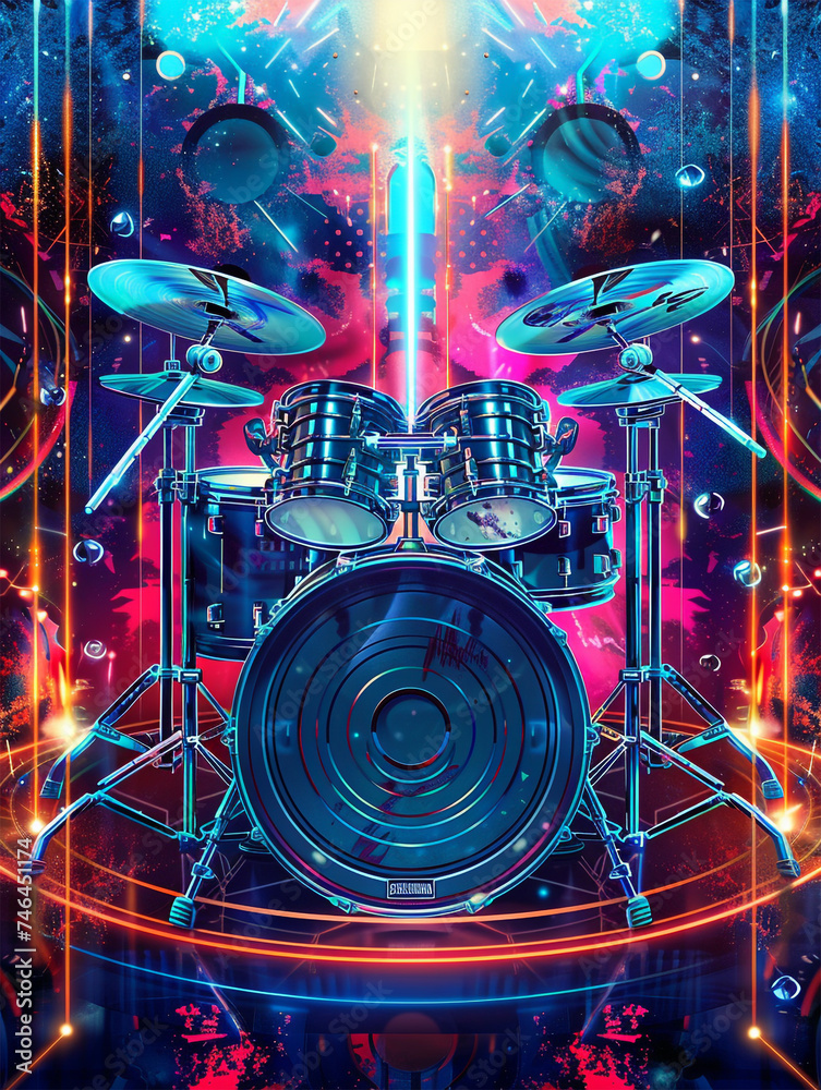Rhythmisches Feuerwerk: Illustration mit Schlagzeug für Flyer- und Plakatdesigns - obrazy, fototapety, plakaty 