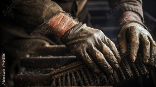 Close-up capturing chimney sweep's hands brushing soot from fireplace grate under soft even lighting