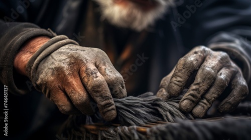Close-up of chimney sweep's hands brushing soot from fireplace grate under soft even lighting