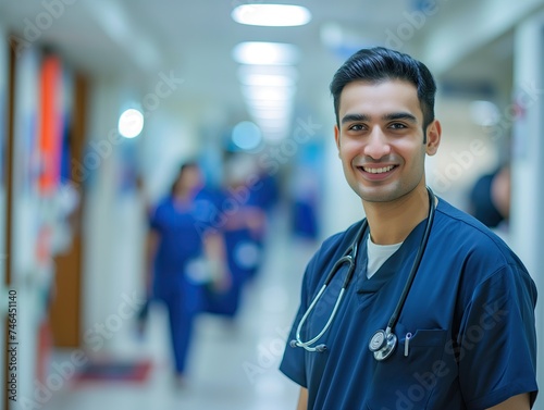 Smiling nurse in uniform in hospital corridor