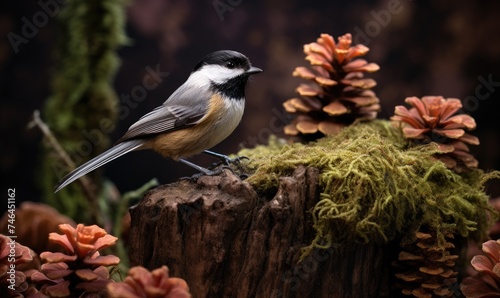Beautiful chickadee bird on amazing stump.