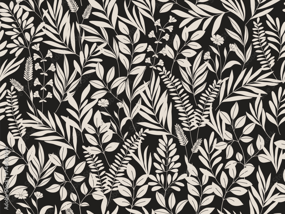 Seamless black and grey floral background with leaves. Hand drawn minimal abstract organic shapes pattern. Vector white abstact pattern with grey leaves and flowers. Seamless black and grey floral background with leaves. Hand drawn minimal abstract organic shapes pattern. Vector white abstact pattern with grey leaves and flowers.