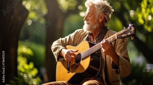 Serene folk singer with acoustic guitar