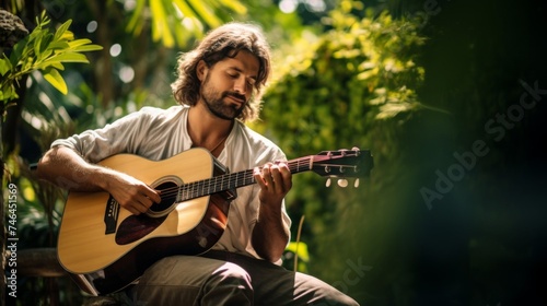 Folk singer strumming guitar under sunlight