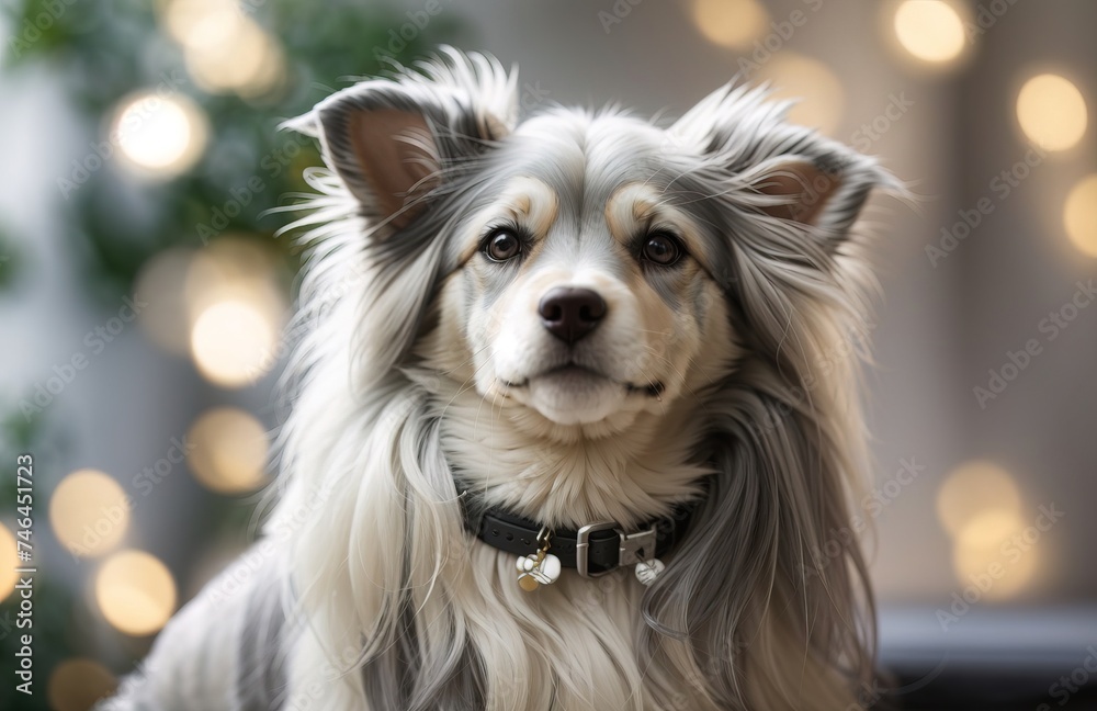 Dog with long straightened hair styled on top of head in bunch