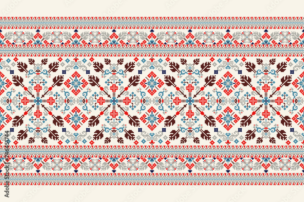 Ukrainian pattern vector illustration.geometric ethnic oriental embroidery on white background,Aztec style,traditional,pixel art.design for texture,fabric,clothing,wrapping,decoration,scarf,carpet. - obrazy, fototapety, plakaty 