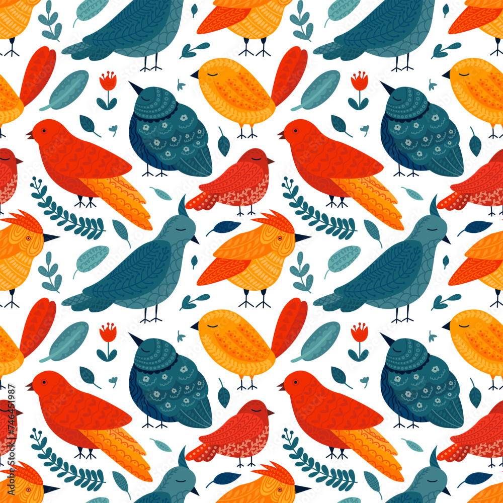 Fototapeta premium Flat style folk art birds seamless pattern. Vector pattern with colorful birds in folk art style