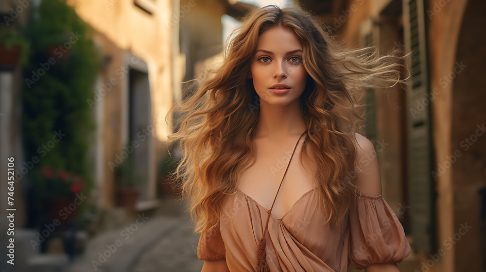 Beautiful Italian woman with model looks, strolling through quiet streets in a village.