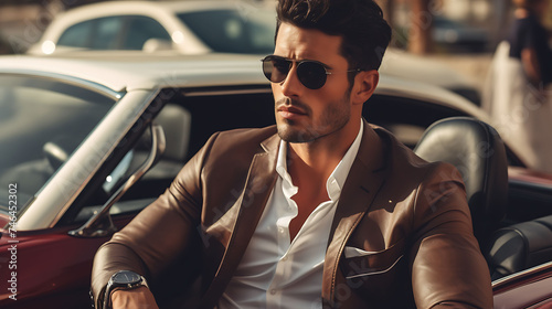 Handsome Latino man with model looks, participating in a luxurious car race.