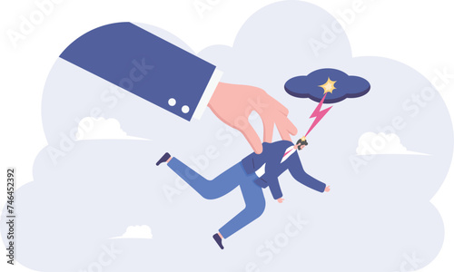Big hand dropping off a businessman with briefcase, Boss kicked out employee office image, illustration vector cartoon

