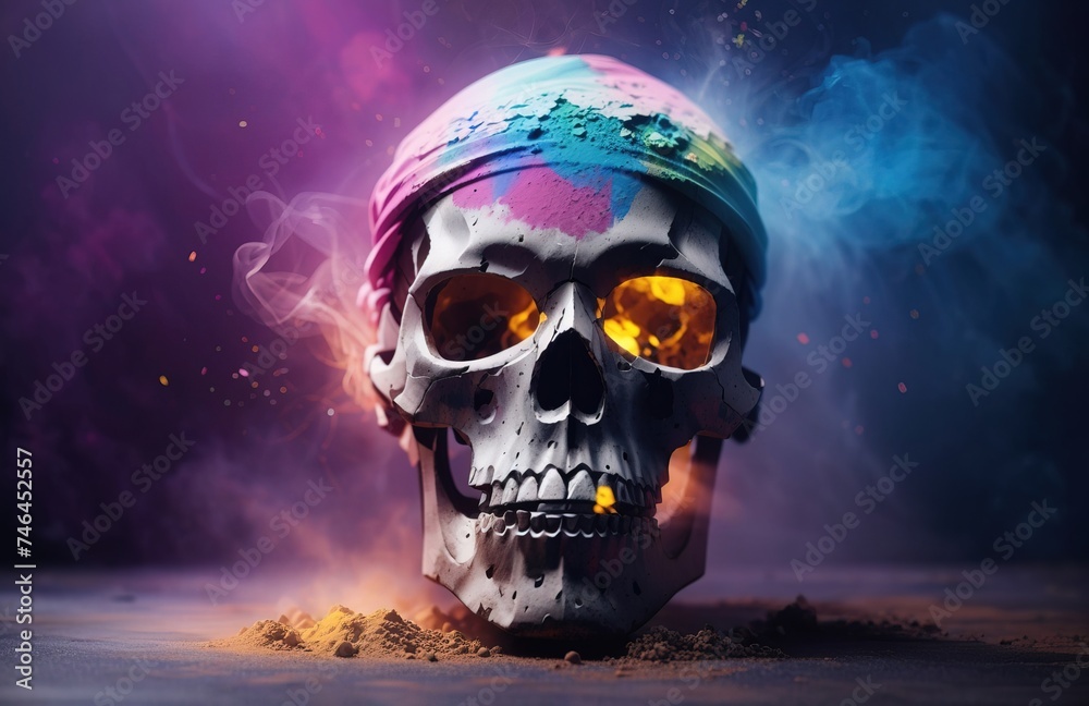 Skull on the background of colorful dust