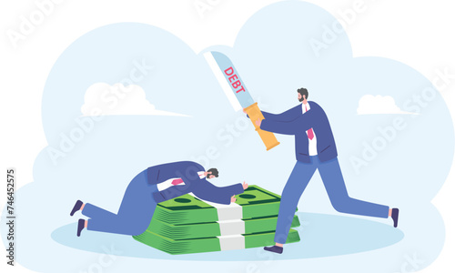 Character man with debt loan pressure. Man place the neck on a cutting board with a knife ready to cut the neck. Debt concept.illustration vector cartoon.

