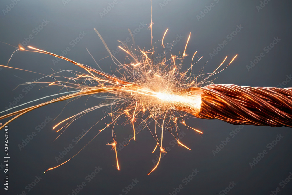 Advertising image, banner for electronics repair. Sparkling braided copper wire on a gray background. - obrazy, fototapety, plakaty 