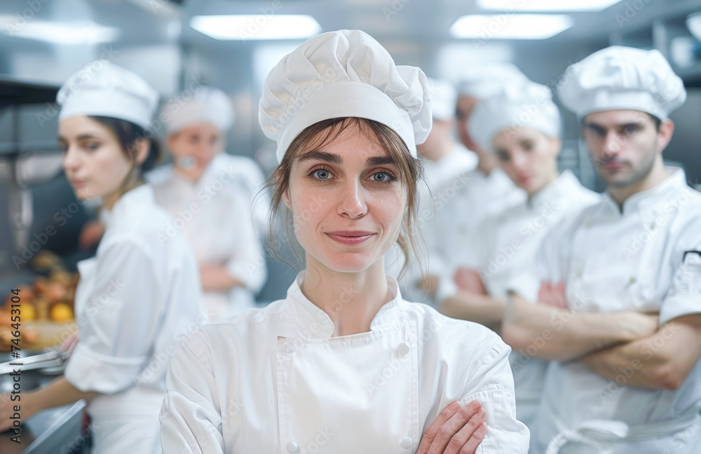 Portrait of confident chef standing with her team in the kitchen of the restaurant. Cooking team posing for a team photo in the kitchen at work. 
