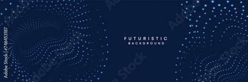 Dark blue digital technology banner gradient web background. Blue abstract waving lines and halftone circles frame glowing geometric diagonal pattern business background for brochure  cover  header