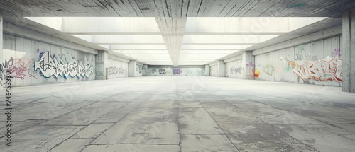 Empty underground parking with graffiti wall abstract background. Idea for artistic pop art background backdrop. Empty open space interior background. Template 3d rendering. Generative ai