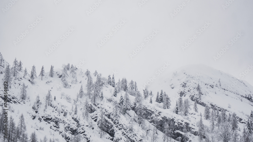 Obraz premium Winter landscape of a mountain covered with snow on a cloudy day