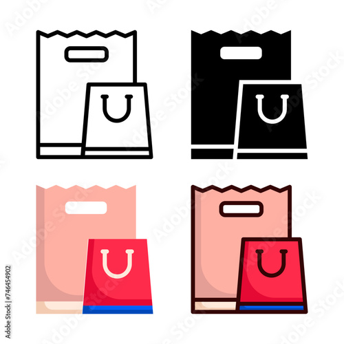 shopping bag icon set style collection in line, solid, flat, flat line style on white background