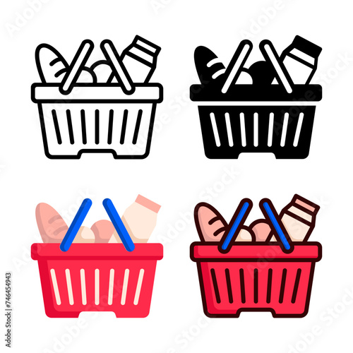 shopping basket icon set style collection in line, solid, flat, flat line style on white background