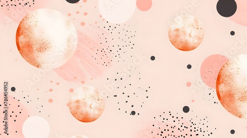 Abstract Art  Peach Background with Copper Textured Circles and Black Dots for Modern Wall Decor or Digital Design
