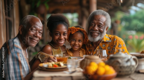 Three generations of a Black family gather around a dining table, sharing a meal and laughter as they celebrate the love and resilience that has bound them together through the years