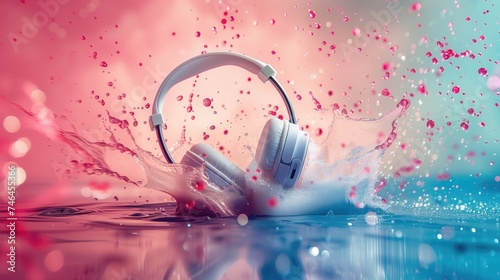 A pair of sleek headphones rests on a vibrant abstract background of colorful dust particles, with a tagline promoting a popular music streaming service photo