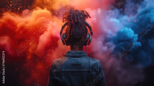 A pair of sleek headphones with human head rests on a vibrant abstract background of colorful dust particles, with a tagline promoting a popular music streaming service