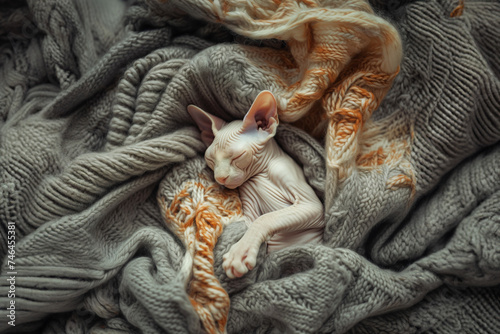 Cute sphynx cat is sleeping wrapped in grey and brown knitted sweater, top view, closeup, space for text, Generative AI 