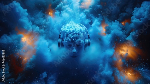 An image of high-quality headphones placed on a dynamic abstract background, showcasing the innovative technology and superior sound quality of a tech company's latest audio products 
