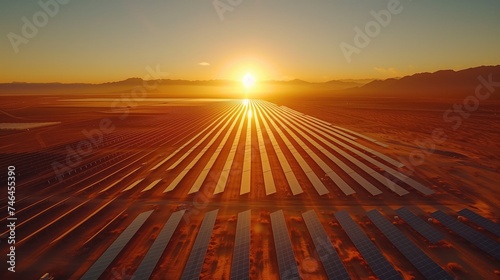 Solar Farm at Sunrise. A stunning aerial shot captures rows of solar panels stretching across a vast landscape, bathed in the golden light of the rising sun