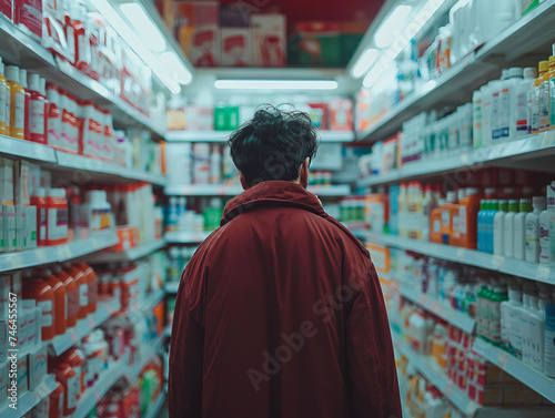 A man in a red jacket peruses cold medicine options on the shelves of a pharmacy, pondering his choices.